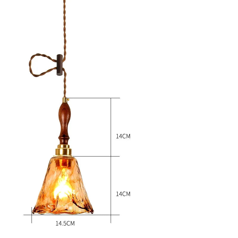 Helnys Vintage Wood Copper Pendant Lights Amber Glass Japanese Style LED