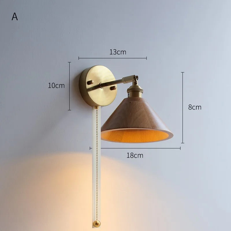 Helnys Adjustable Wooden Wall Lamp with Pull Chain for Bedroom & Bathroom