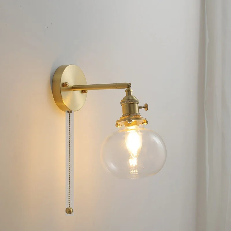Helnys Nordic Copper Glass Ball Wall Lamp with Knob Switch for Bathroom Mirror