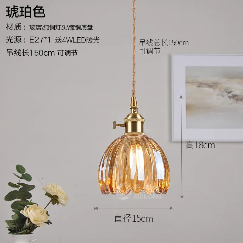 Helnys Nordic Copper LED Glass Pendant Light for Bedroom, Restaurant, Bar, and Cafe