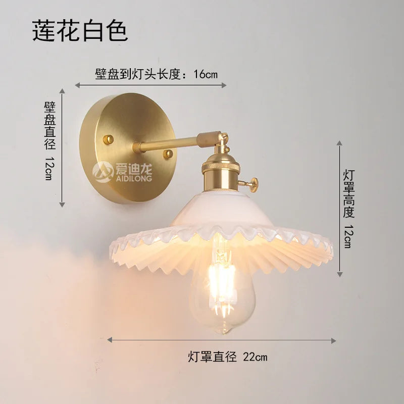 Helnys Japanese Copper Glass Wall Sconce LED Light Nordic Modern Fixture