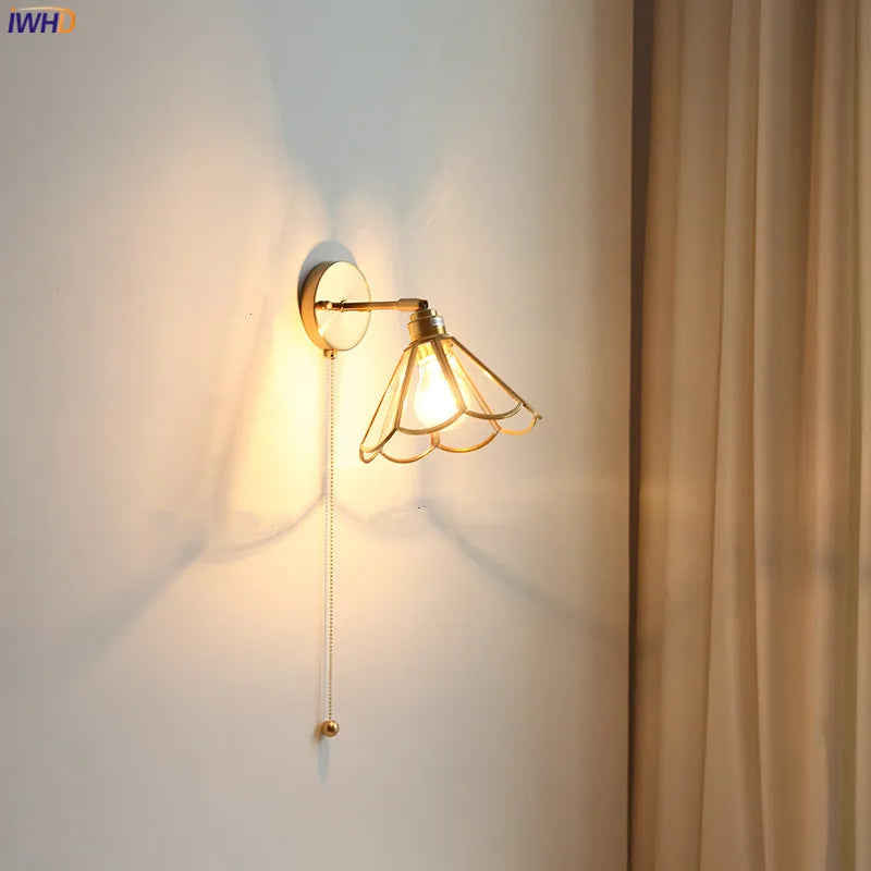 Helnys Copper Glass LED Wall Light with Pull Chain Switch, Modern Nordic Wall Sconce