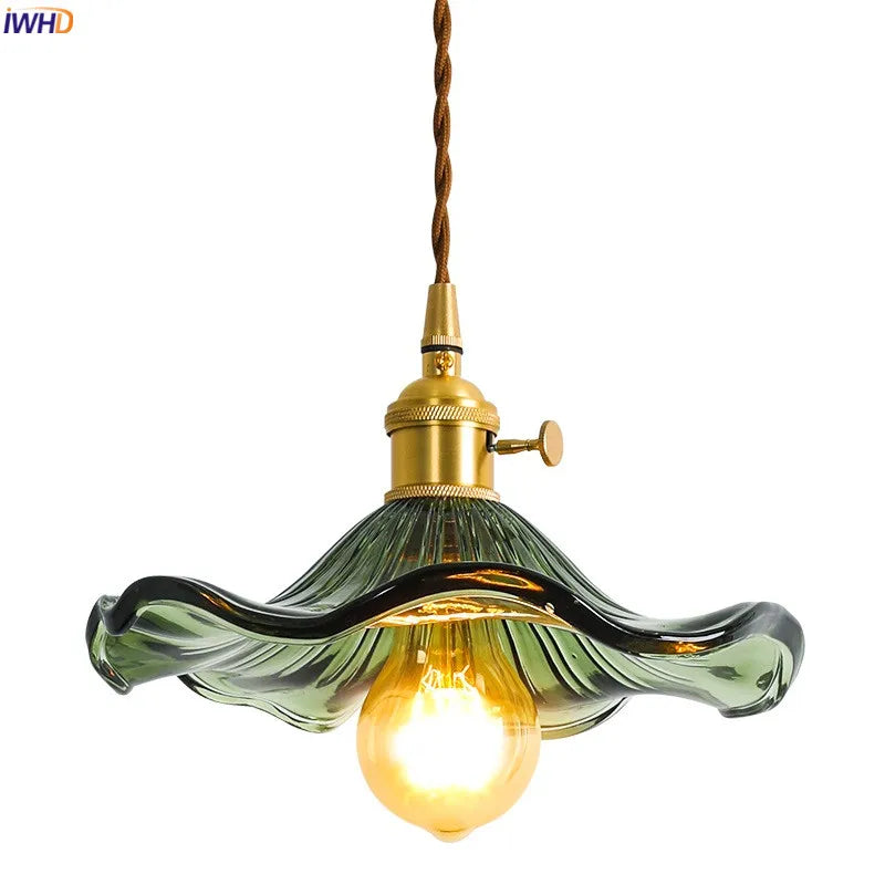 Helnys Nordic Green Glass LED Pendant Light with Copper Knob Switch