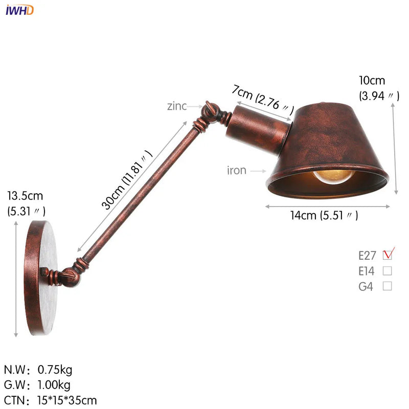 Helnys Industrial Swing Arm LED Wall Lamp Sconce - Vintage Style Loft Lighting