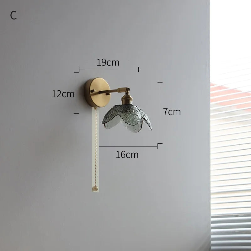 Helnys Glass LED Wall Light Switch Pure Copper Bedroom Living Room Lamp