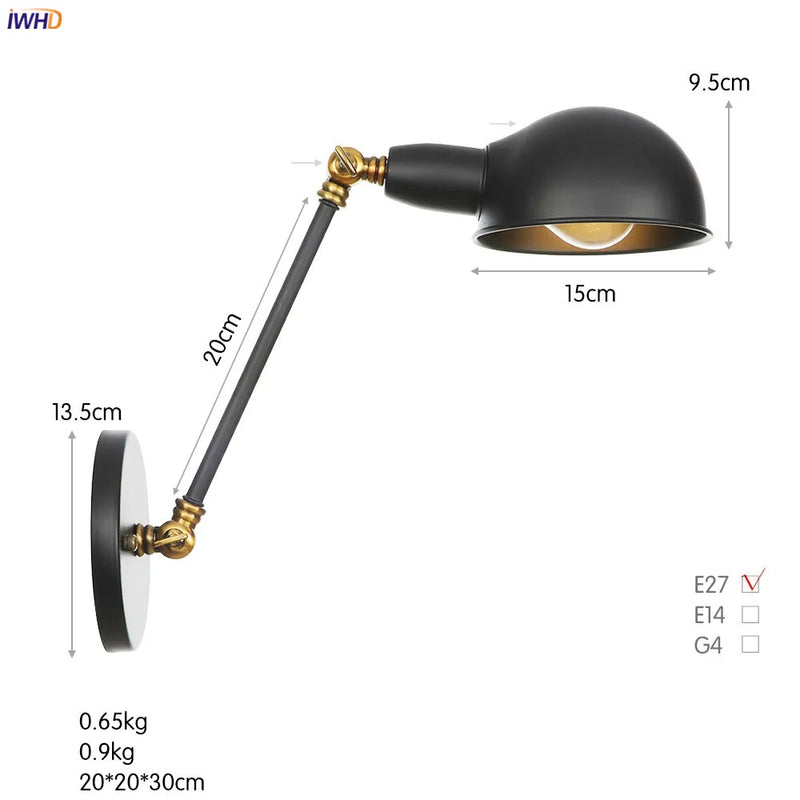 Helnys Single Swing Long Arm Wall Light Retro Loft Industrial Vintage Wall Lamp