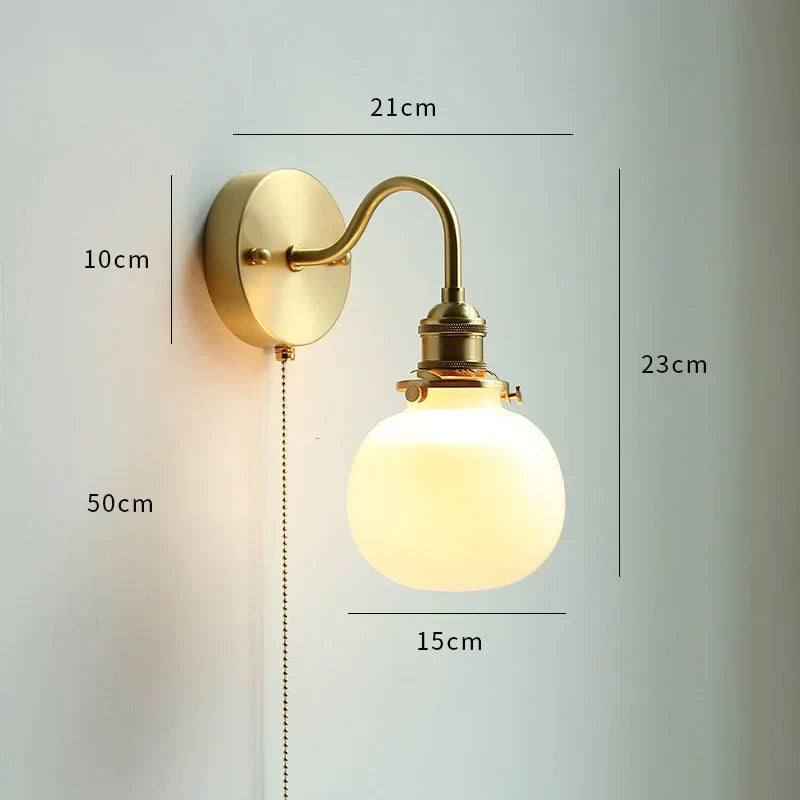 Helnys Glass Copper LED Wall Lights Pull Chain Switch Bedroom Bathroom Mirror Stair
