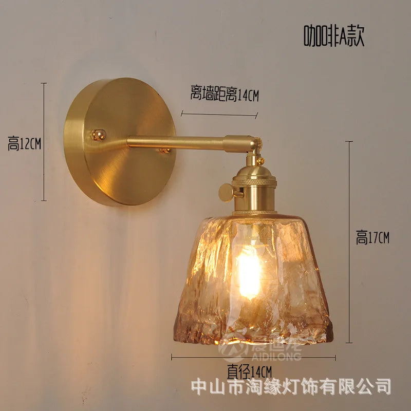 Helnys Japanese Copper Glass Wall Sconce LED Light Nordic Modern Fixture