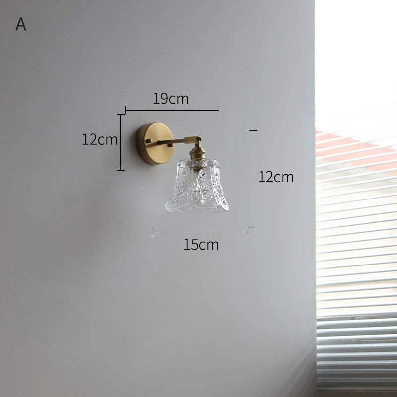 Helnys Glass LED Wall Light Switch Pure Copper Bedroom Living Room Lamp