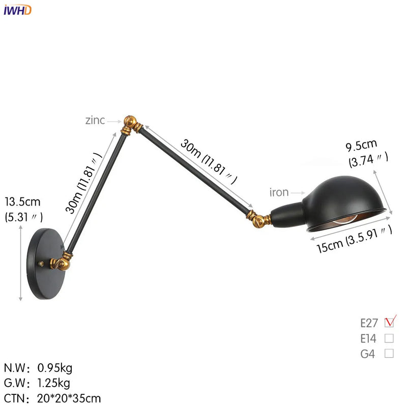 Helnys Antique Edison Wall Sconce Swing Arm Wall Light - Black, 3 Heads
