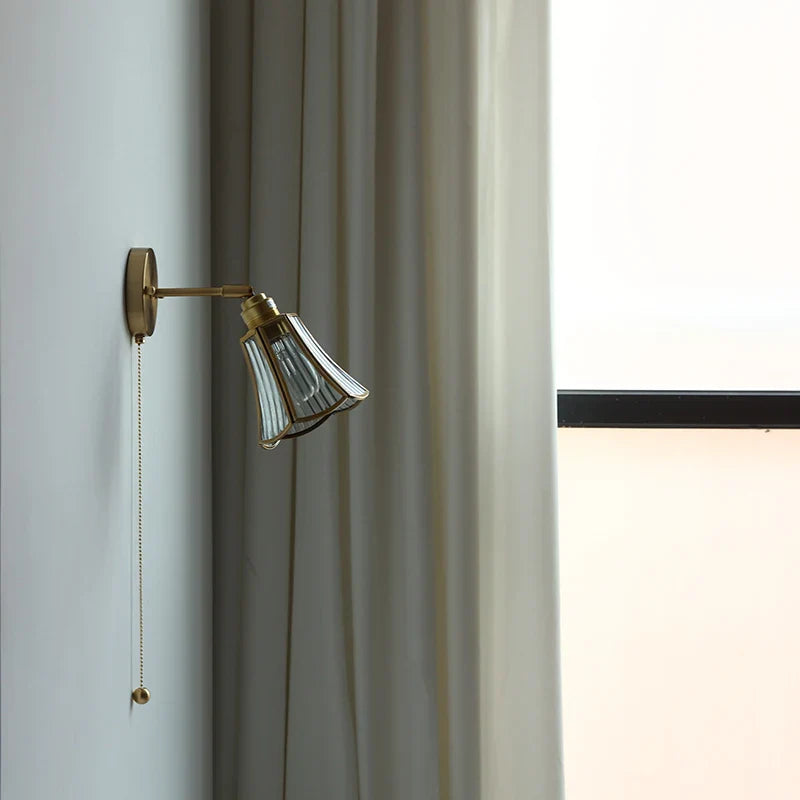 Helnys Copper Glass LED Wall Light with Pull Chain Switch, Modern Nordic Wall Sconce