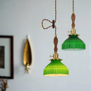 Helnys Green Glass LED Pendant Light with Wood Handle & Copper Socket