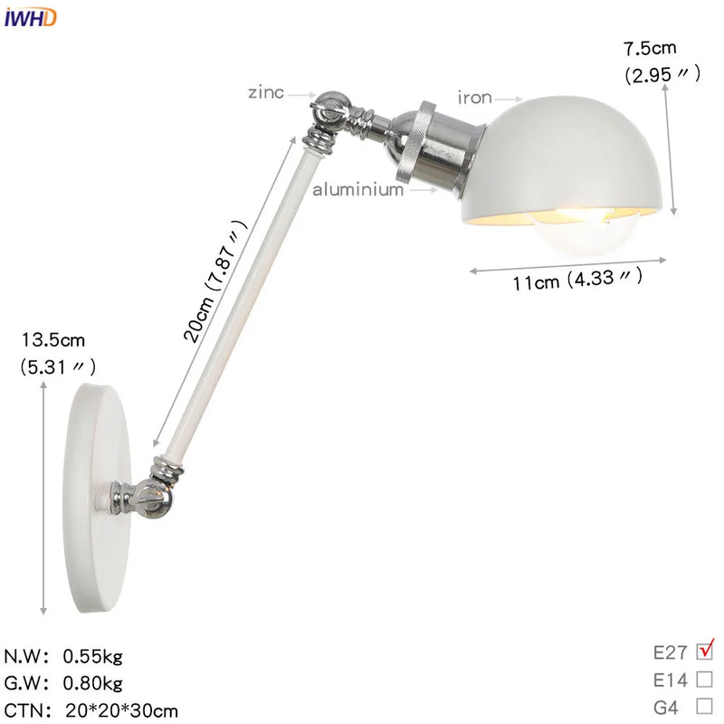Helnys White Swing Arm Wall Light 4W Industrial Vintage Wall Sconce Luminaria