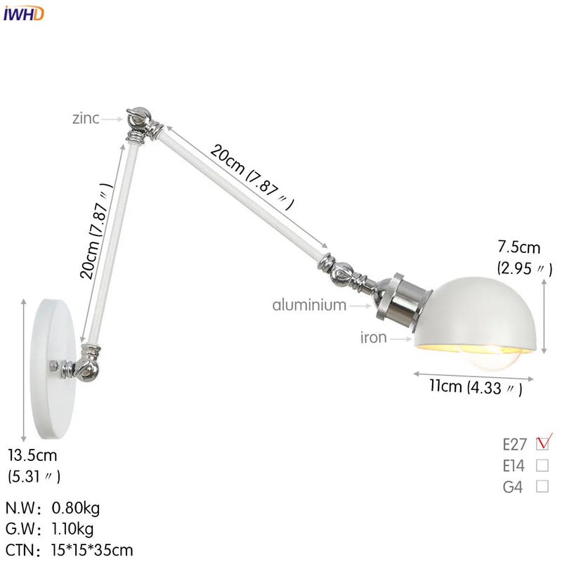 Helnys White Swing Arm Wall Light 4W Industrial Vintage Wall Sconce Luminaria