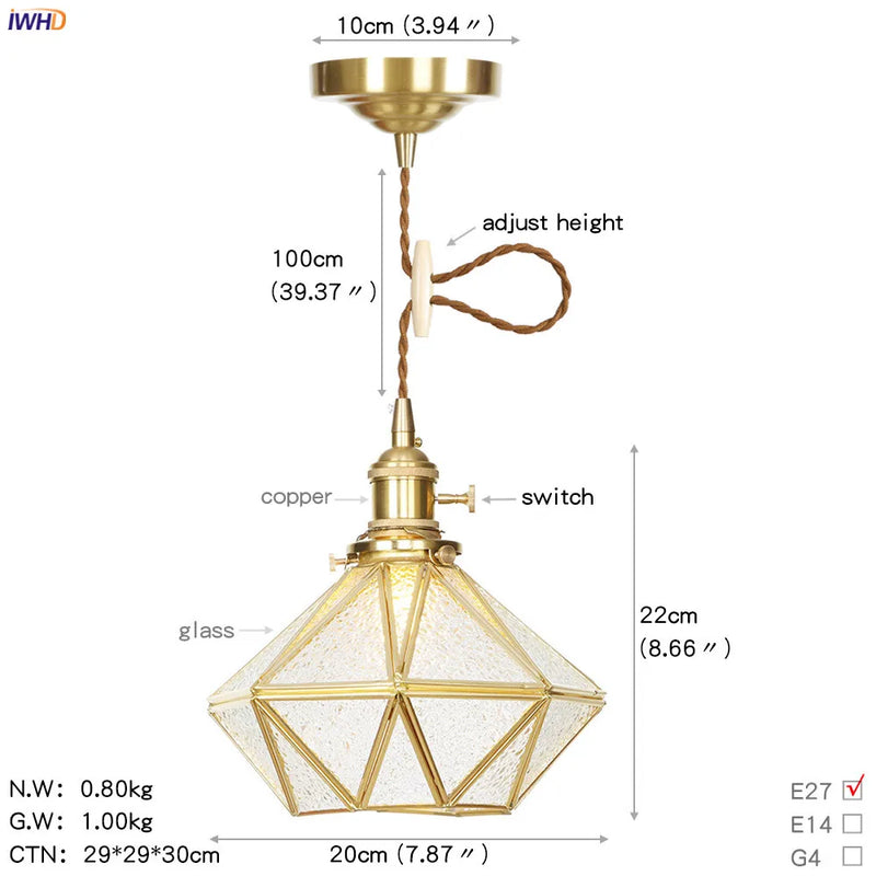 Helnys Modern Glass Copper LED Pendant Lamp for Kitchen Living Room