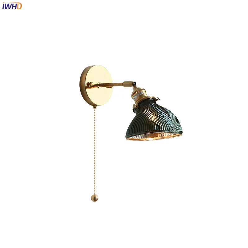Helnys Green Glass LED Wall Lights - Pull Chain Switch, Adjustable Up And Down