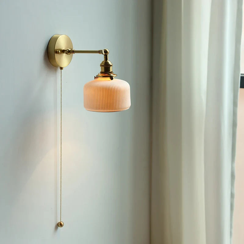 Helnys Ceramic Copper Arm Wall Lamp with Pull Chain Switch - Nordic Modern Style