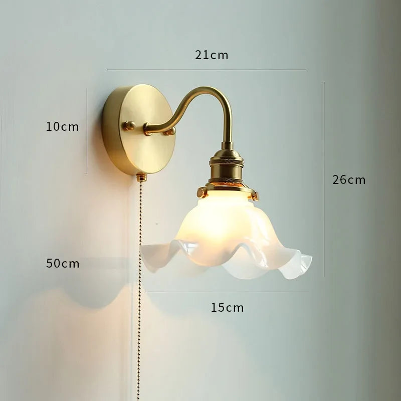 Helnys Glass Copper LED Wall Lights Pull Chain Switch Bedroom Bathroom Mirror Stair