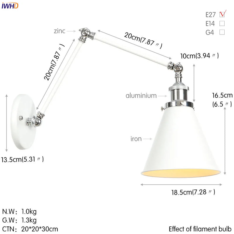 Helnys Silver Swing Arm LED Wall Light for Bedroom Stair Mirror Loft Industrial Decor