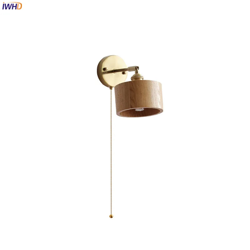 Helnys Nordic LED Wall Light Pull Chain Switch Walnut Sconce