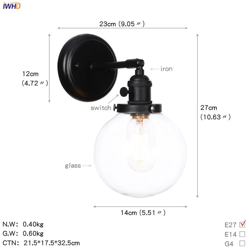 Helnys Industrial Glass Ball Wall Sconce Black Wall Light for Bathroom Mirror