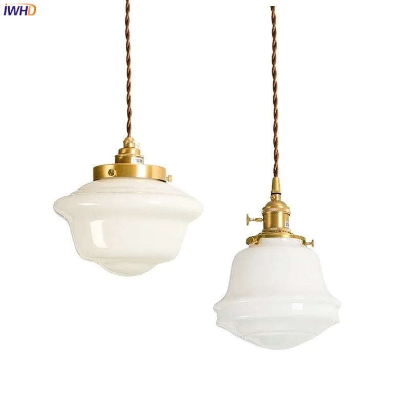 Helnys White Glass LED Pendant Light - Japanese Style Nordic Copper Hanging Lamp