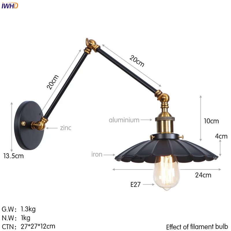 Helnys Swing Arm Wall Lamp Vintage Industrial Style with Edison Bulb