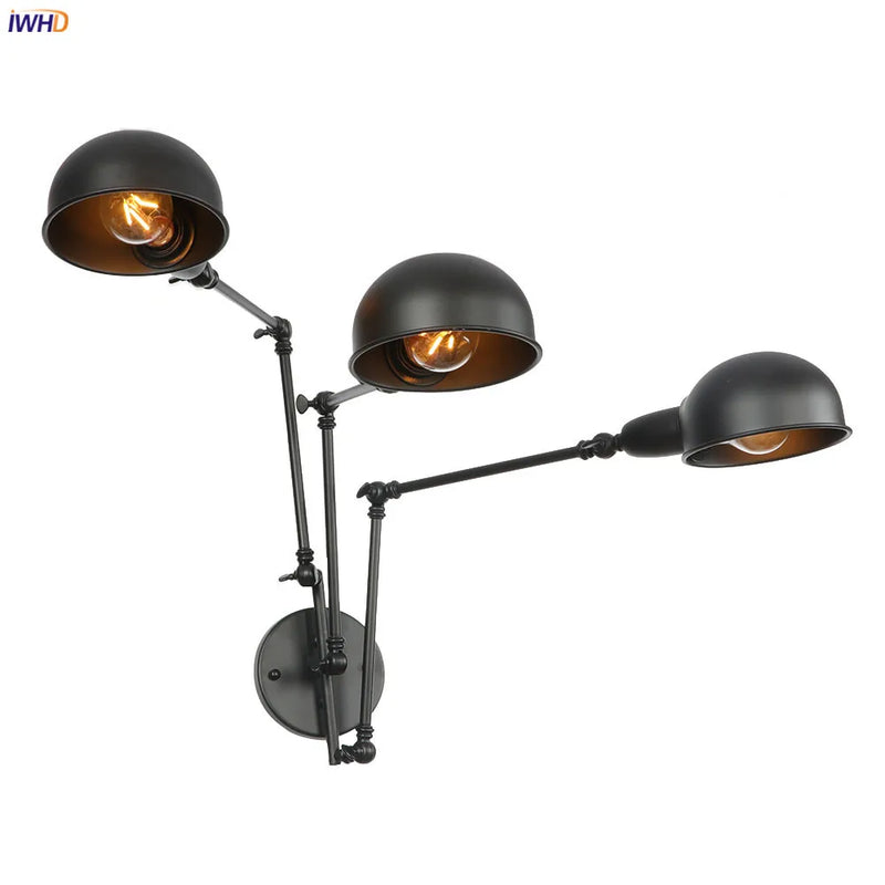 Helnys Antique Edison Wall Sconce Swing Arm Wall Light - Black, 3 Heads