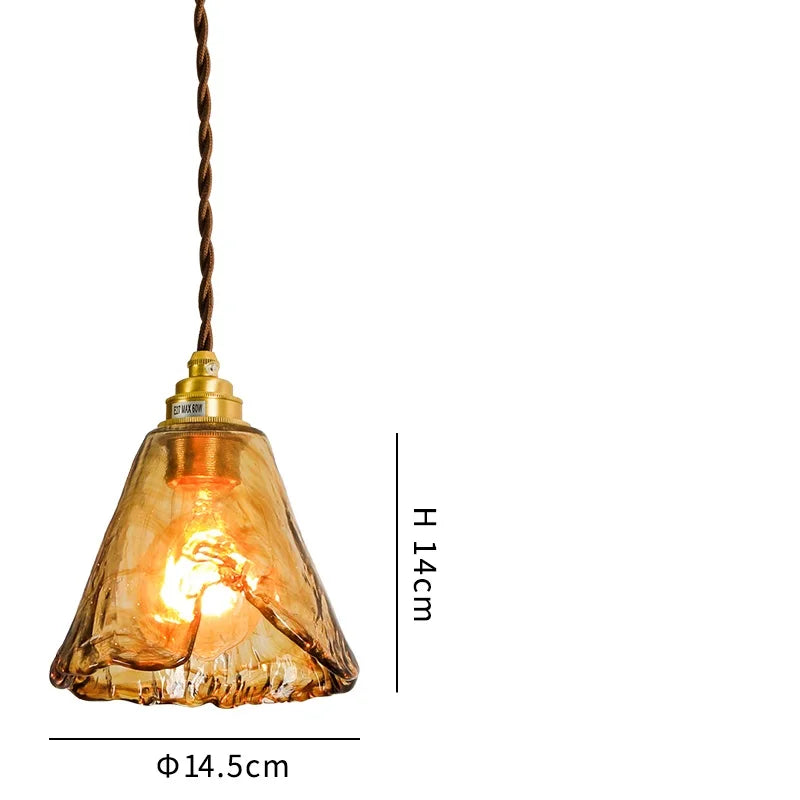 Helnys Vintage Wood Copper Pendant Lights Amber Glass Japanese Style LED