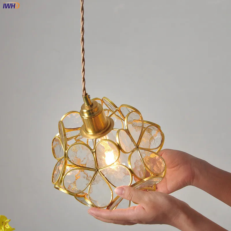 Helnys Nordic Flower Copper Glass Pendant Light Fixture with LED for Bedroom Dining Living Room