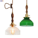 Helnys Green Glass LED Pendant Light with Wood Handle & Copper Socket