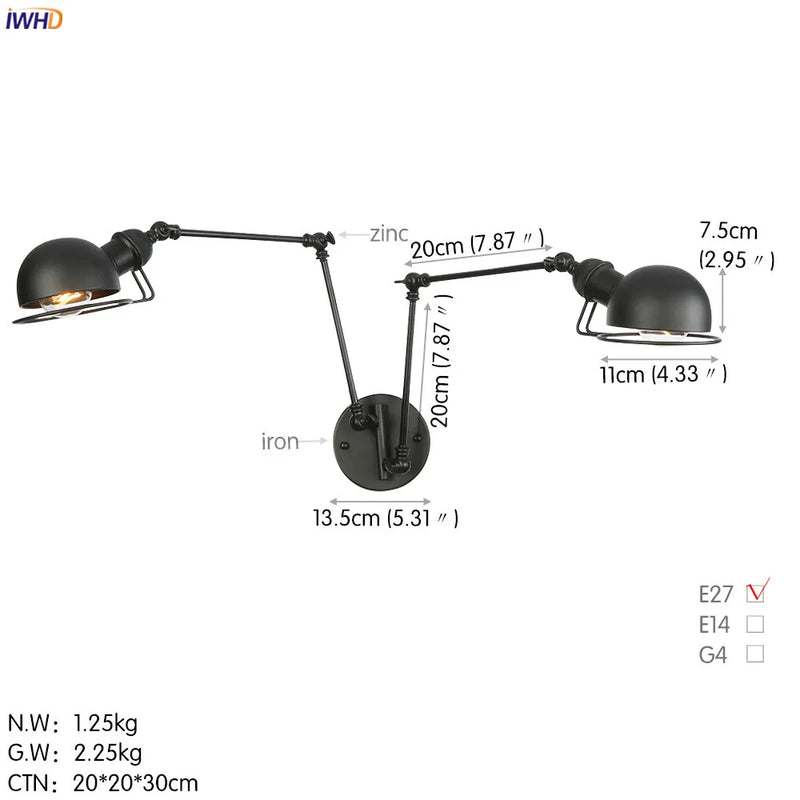 Helnys Antique Black Wall Lamp Vintage Industrial Sconce LED Applique Murale