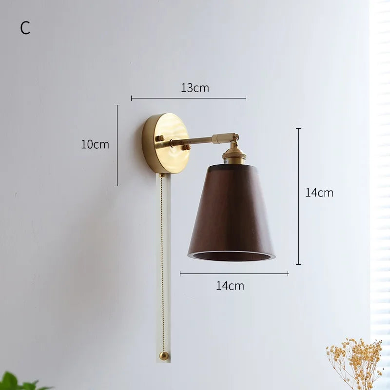Helnys Copper LED Wall Sconce Pull Chain Switch Modern Wood Wall Light Fixtures