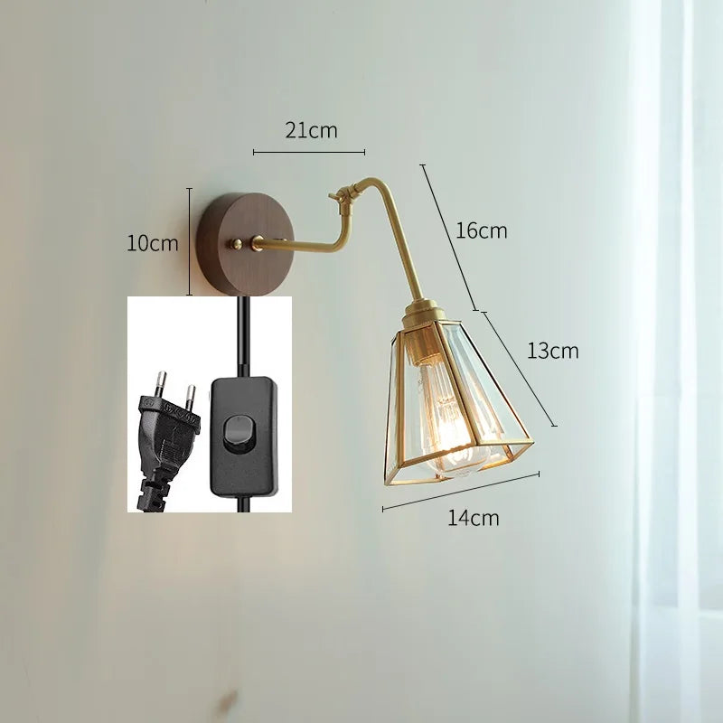 Helnys Vintage Wall Lamp with Pull Chain and Wood Base