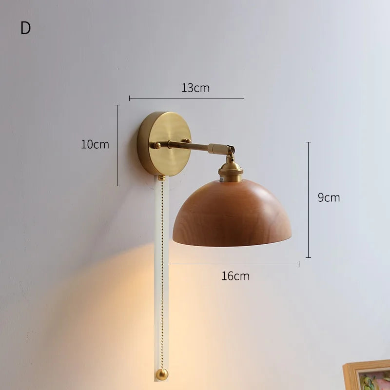 Helnys Copper LED Wall Sconce Pull Chain Switch Modern Wood Wall Light Fixtures
