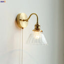 Helnys LED Wall Lamp Pull Chain Switch Glass Copper Wall Sconce