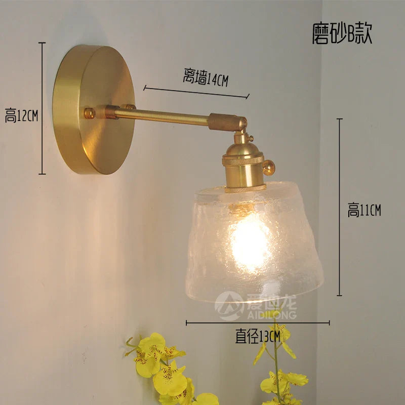 Helnys Nordic Brass Wall Lamp Bedside Sconce Glass LED Light