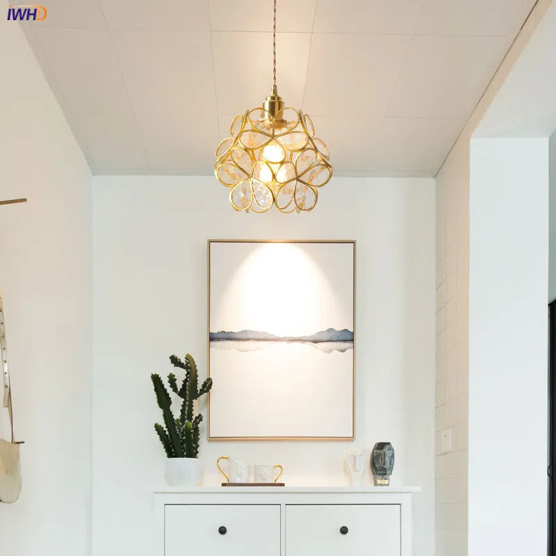 Helnys Nordic Flower Copper Glass Pendant Light Fixture with LED for Bedroom Dining Living Room