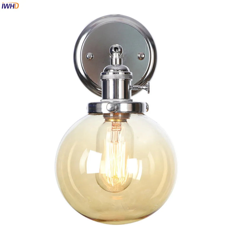 Helnys Amber Glass Ball LED Wall Lamp for Home Bedroom Stair Mirror Switch