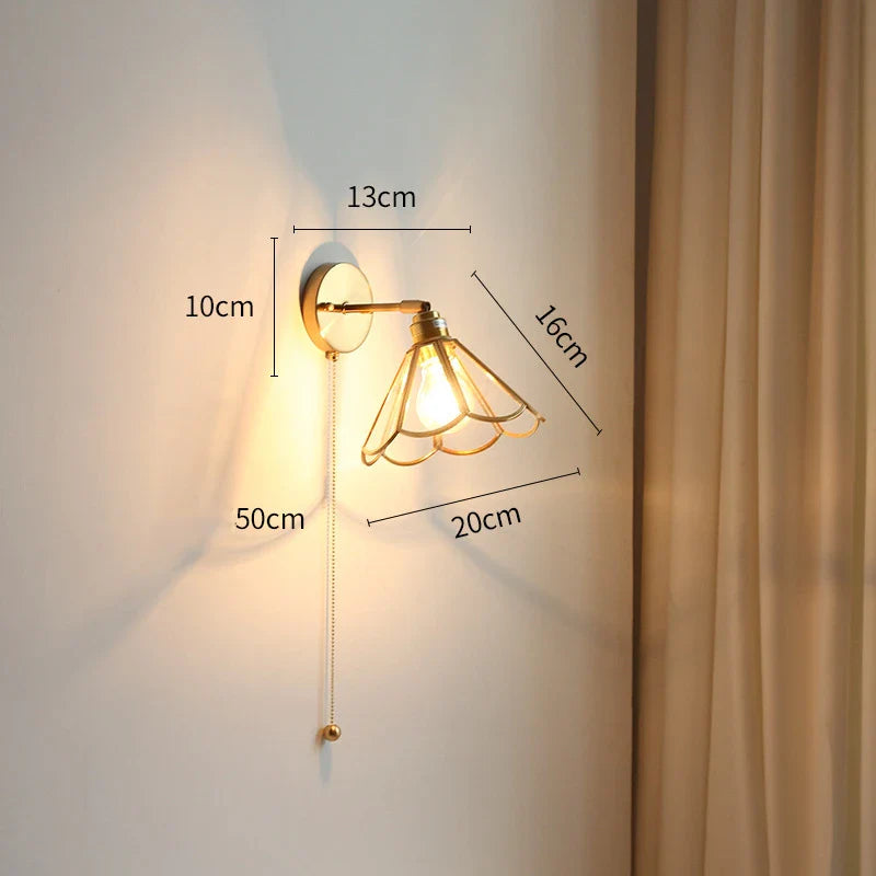 Helnys Copper Glass LED Wall Light with Pull Chain Switch, Modern Nordic Wall Sconce