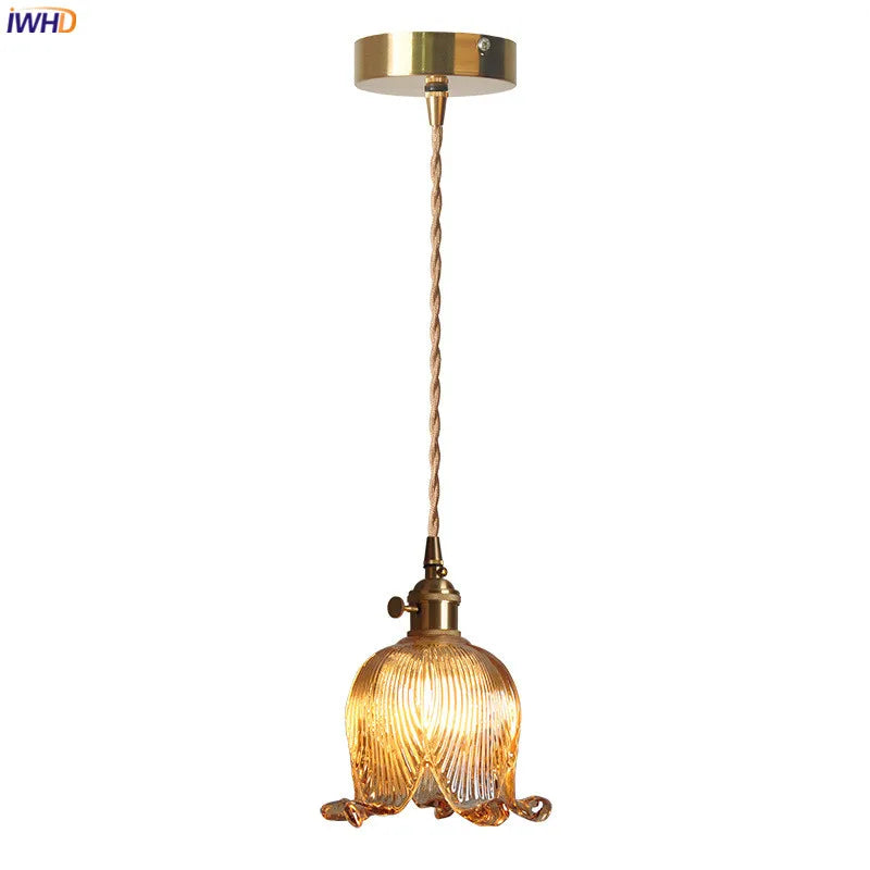 Helnys Amber Glass LED Pendant Lights - Modern Nordic Copper Hanging Lamp