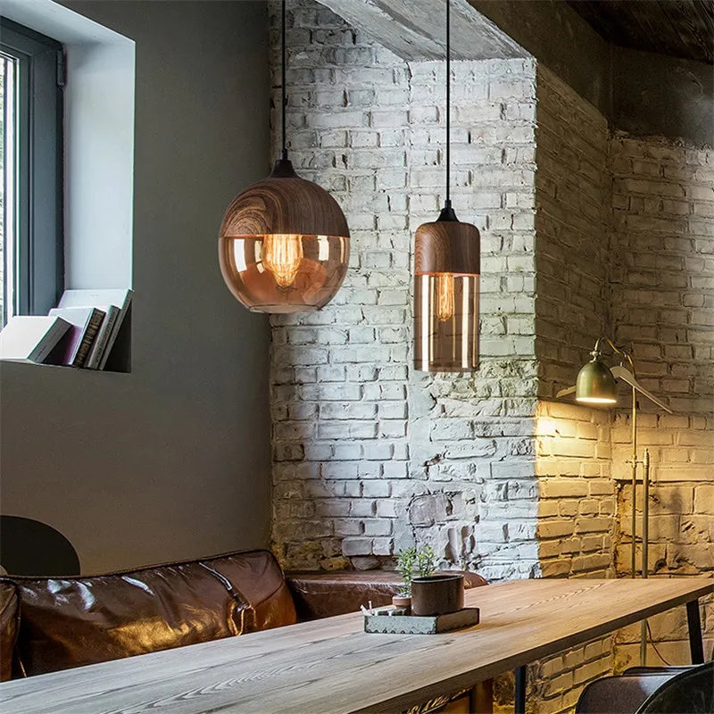 Helnys Nordic Wood LED Glass Pendant Light for Dinning Room Cafe Bedroom