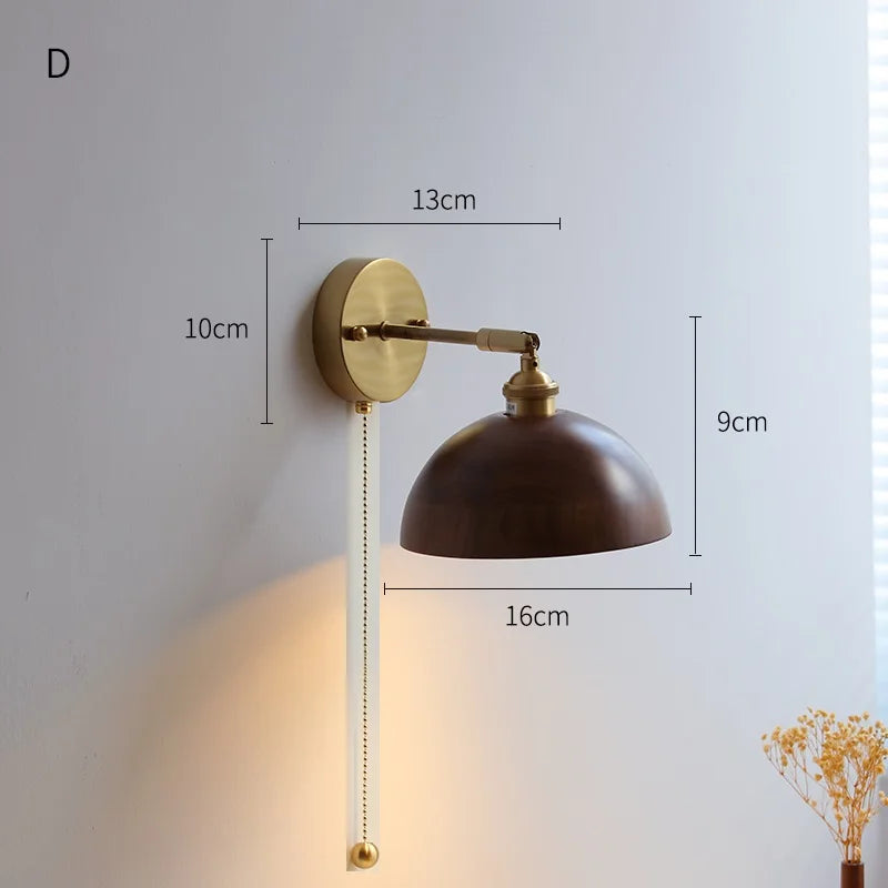 Helnys Copper LED Wall Sconce Pull Chain Switch Modern Wood Wall Light Fixtures