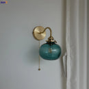 Helnys Blue Glass Ball Wall Lights with Pull Chain Switch, Nordic Modern LED Wall Sconce for Home