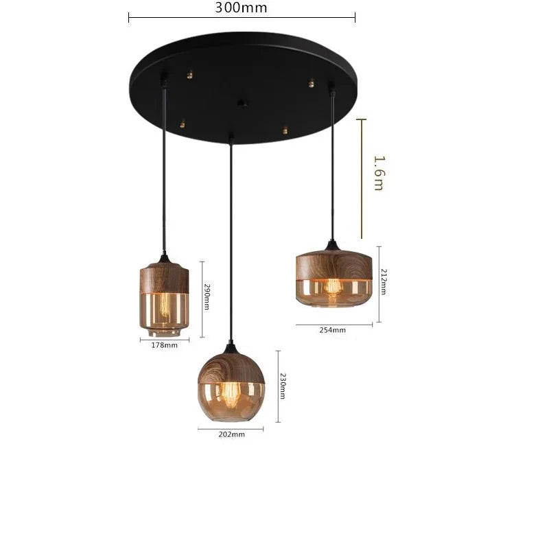 Helnys Nordic Wood LED Glass Pendant Light for Dinning Room Cafe Bedroom