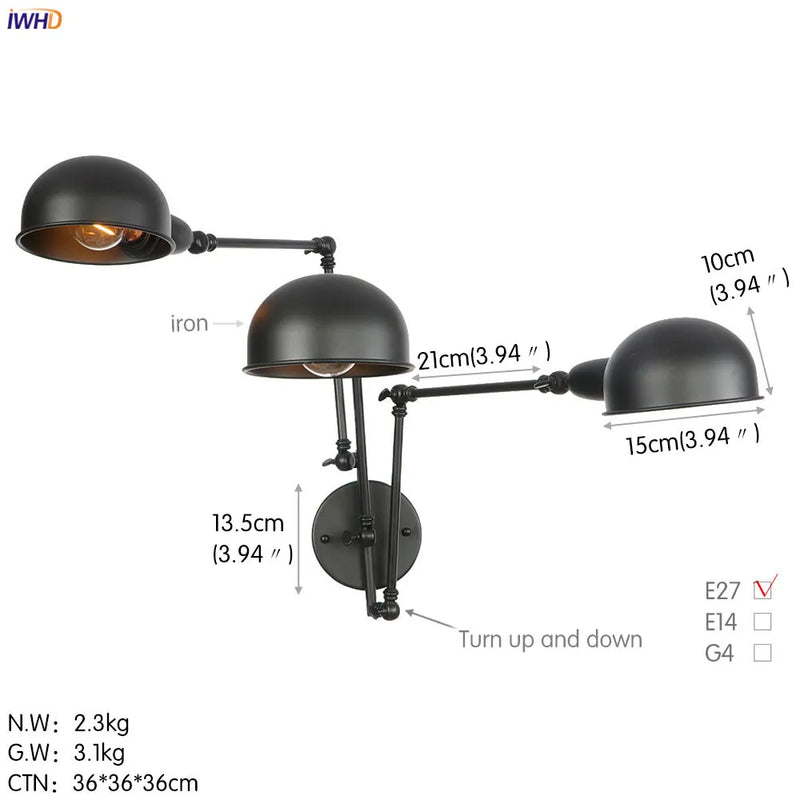Helnys Antique Edison Wall Sconce Swing Arm Wall Light - Black, 3 Heads