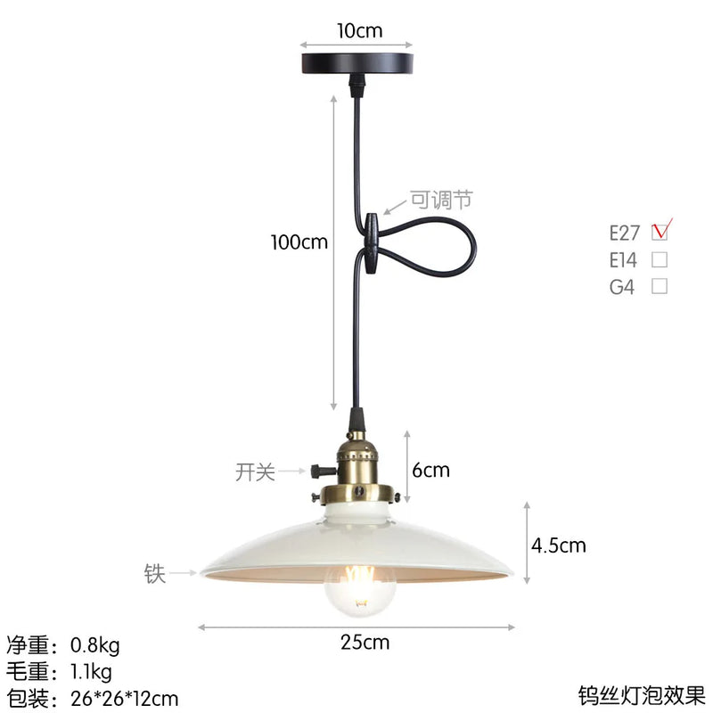 Helnys Vintage Industrial Pendant Light with White Metal Plate Shade