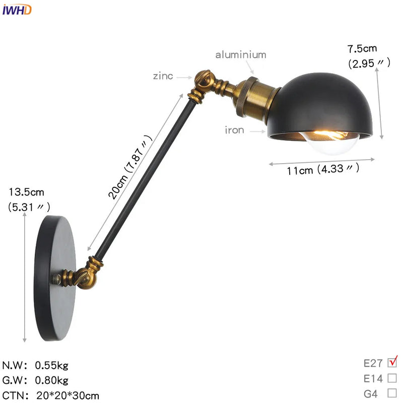 Helnys Industrial Retro Swing Arm Wall Sconce White Home Lighting