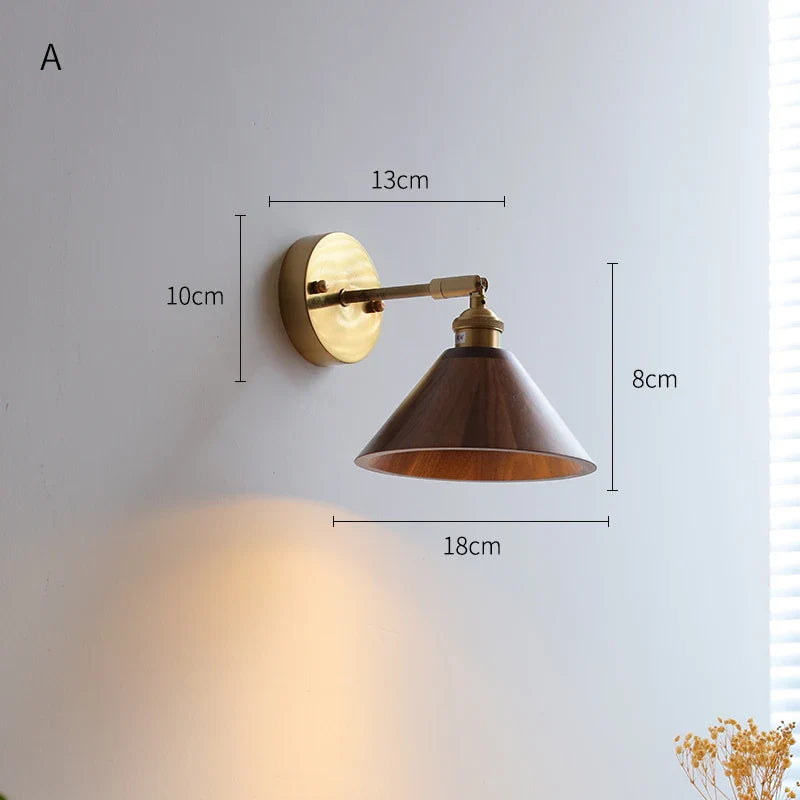 Helnys Copper LED Wall Sconce Pull Chain Switch Modern Wood Wall Light Fixtures