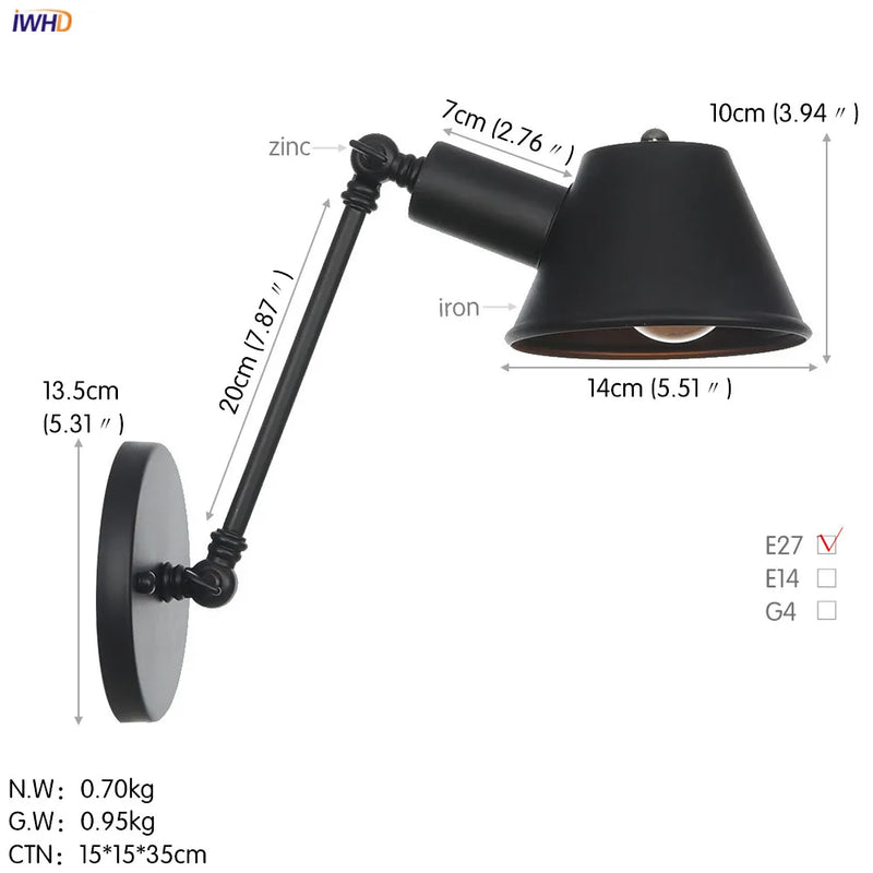 Helnys Black Swing Arm Wall Light Industrial Vintage Sconce LED Lighting